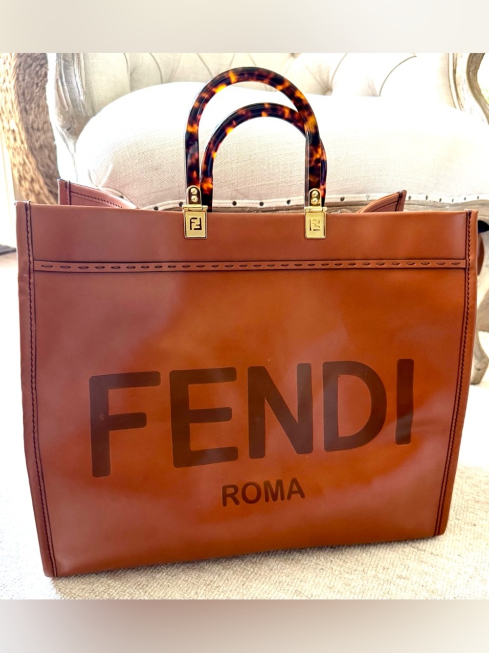 Fendi Sunshine Large Cognac/ Caramel Brown Leather Tote Shopper Tortoise + COA